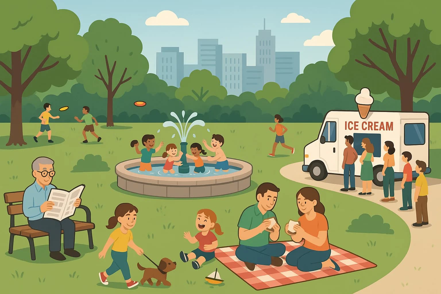 A busy city park on a sunny afternoon. On the left, an elderly man with glasses reads a newspaper on a bench while a young girl walks a small brown puppy. In the middle, children splash in a fountain, a little girl laughs beside a dropped toy boat, and two parents eat sandwiches on a red checked picnic blanket. On the right, people line up at an ice cream truck. In the background, a jogger runs along the path and two teenagers play frisbee near tall trees.