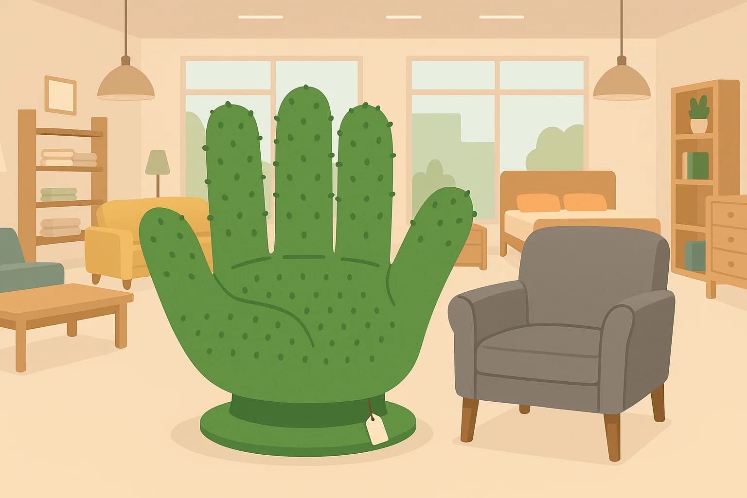 A furniture store with a green chair shaped like a giant open hand, covered in little bumps like a cactus. It stands on a wide round base with a price tag, and it is about the size of the grey armchair beside it.
